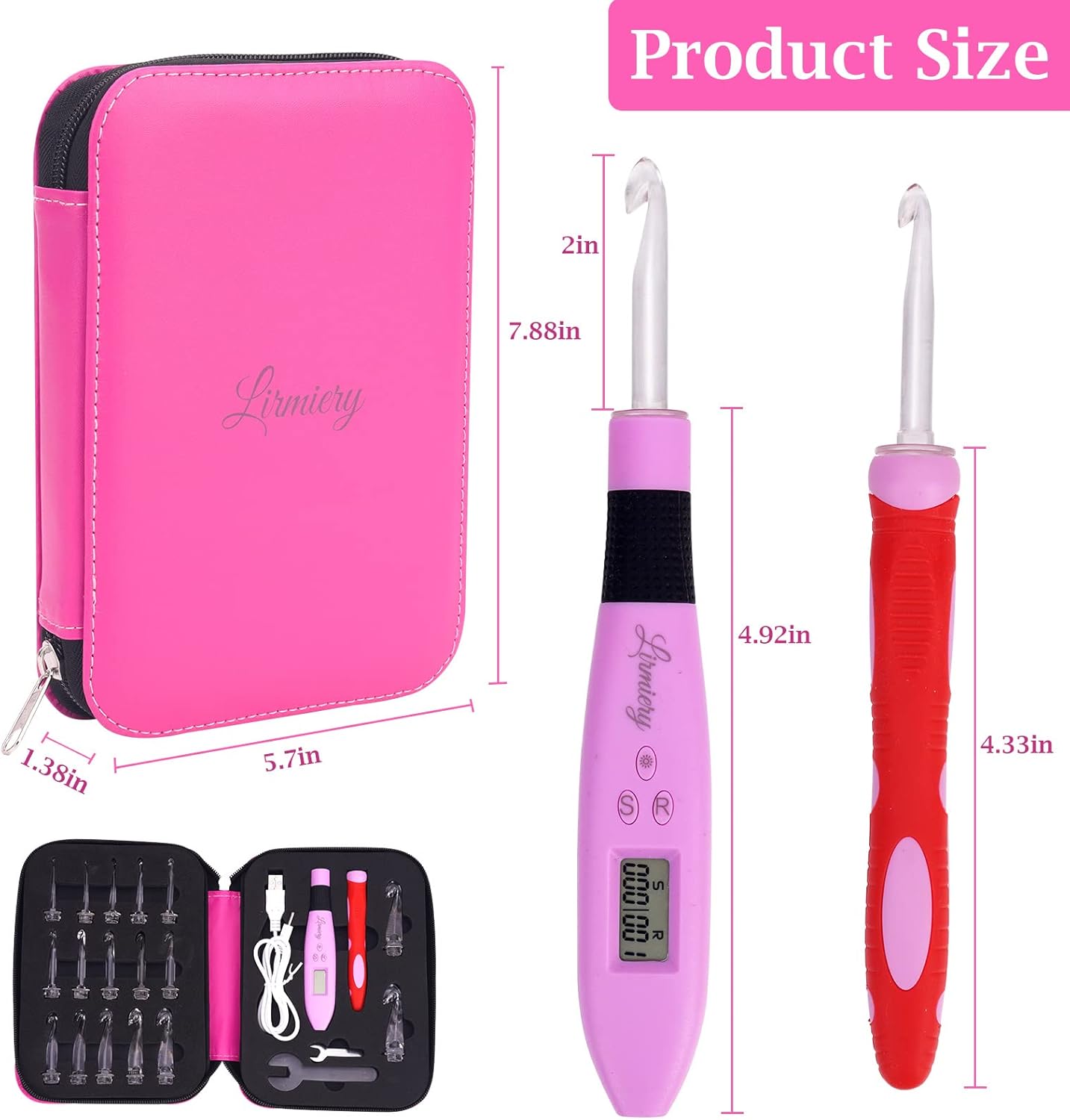 17 Sizes Counting Crochet Hook Set Digital 2.50~14.0mm,2 Levels Brightness Dimmable Light Up Crochet Hooks for Stitch & Row Counter,Beginner Knitting Kit with 17Interchangeable Crochet Hooks