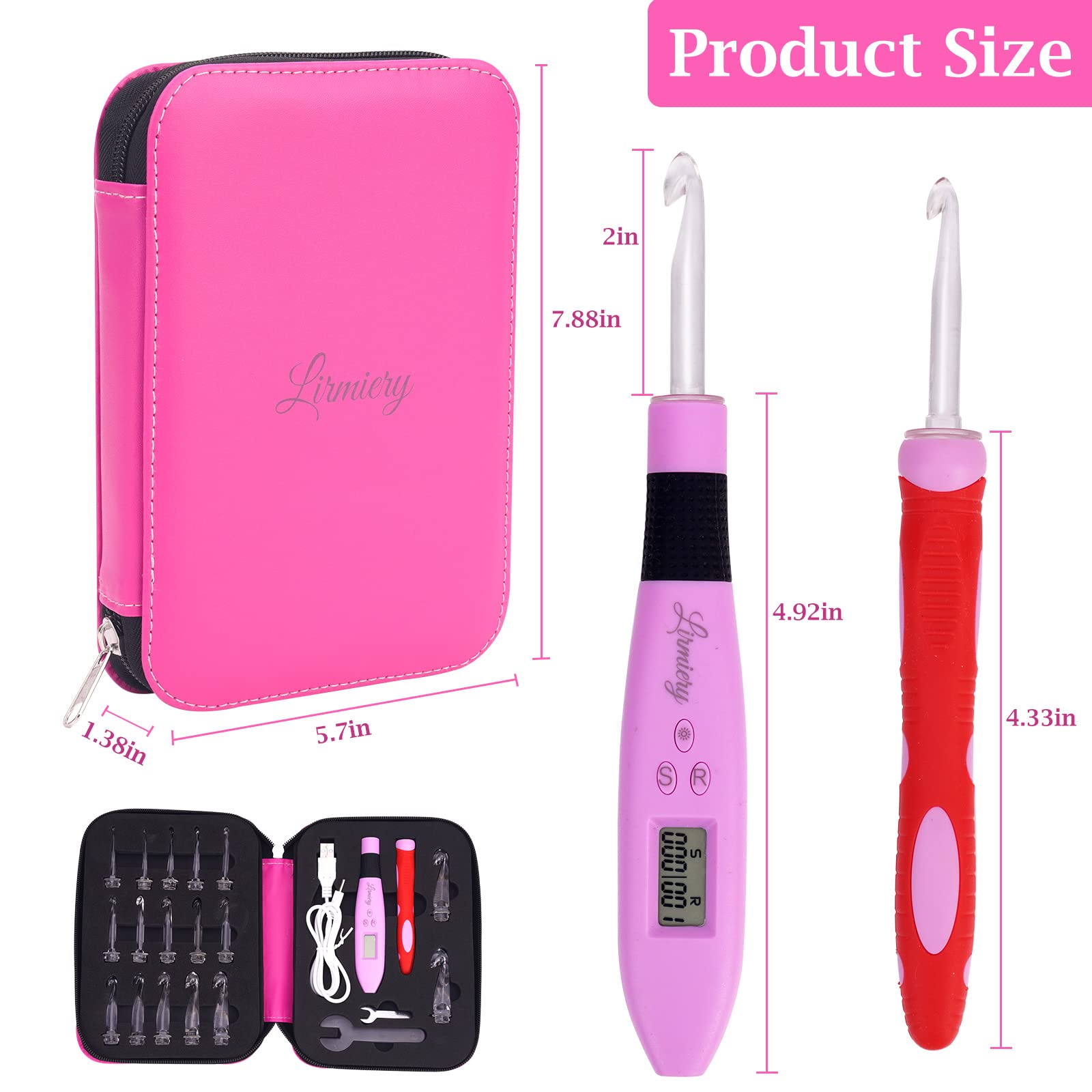 17 Sizes Counting Crochet Hook Set Digital 2.50~14.0mm,2 Levels Brightness Dimmable Light Up Crochet Hooks for Stitch & Row Counter,Beginner Knitting Kit with 17Interchangeable Crochet Hooks