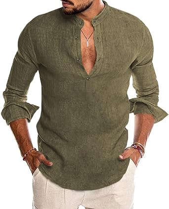 Cotton Linen Henley Shirt Long Sleeve 