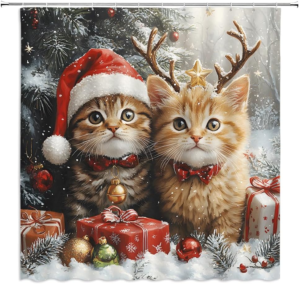 Merry Christmas Shower Curtain Cute Cat with Xmas Hat Snow Ball Pine Tree Forest Snowflake Watercolor Winter Scene Holiday Bathroom Decor Polyester Fabric Curtains with Hook 70Wx80H Inches