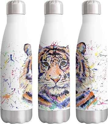 Tiger Wildlife Animals Watercolour Rainbow Art Bottle Double Wall Insulated Stainless Steel Sport Drinks 500ml White Gift Ideal for School Work Office Oudoor Sports Keeps Hot and Cold Drinks