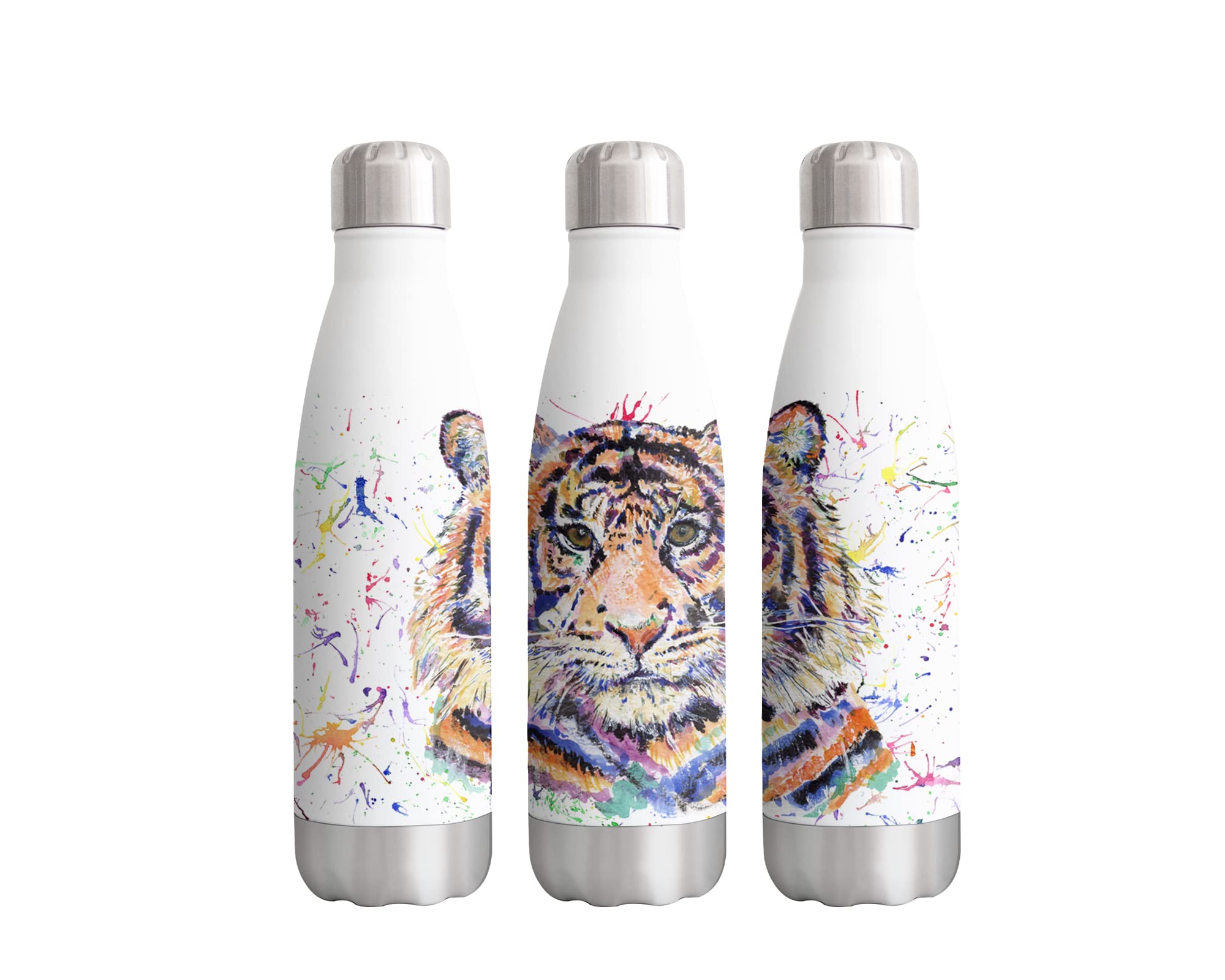 Tiger Wildlife Animals Watercolour Rainbow Art Bottle Double Wall Insulated Stainless Steel Sport Drinks 500ml White Gift Ideal for School Work Office Oudoor Sports Keeps Hot and Cold Drinks