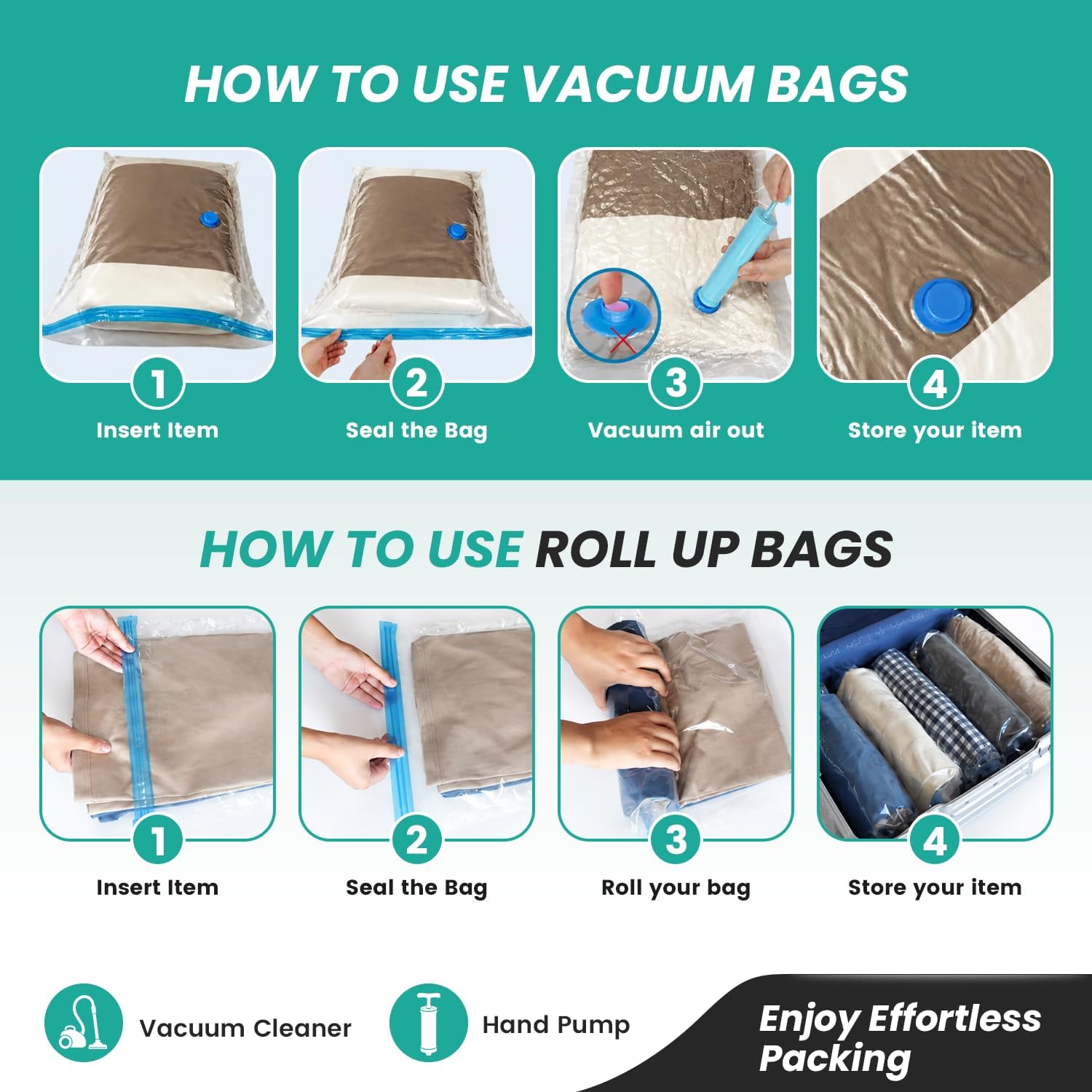 Vacuum Storage Space Saver Bags 80% Compression for Clothing Travel, Plastic Space Saver Suction Bag Clothes, Blankets, Bedding Jumbo Large (20 Pack) Hand Pump