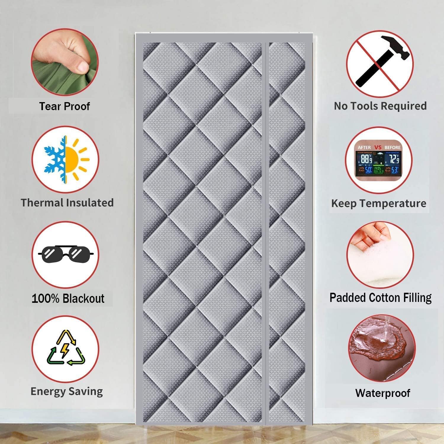 Magnetic Thermal Insulated Door Curtain, Reversible Side Opens Curtain Insulation Curtain Magnetic Screen Door with Thermal Weatherproof Reduce Noise Energy Loss (Color : Black with Window, Si