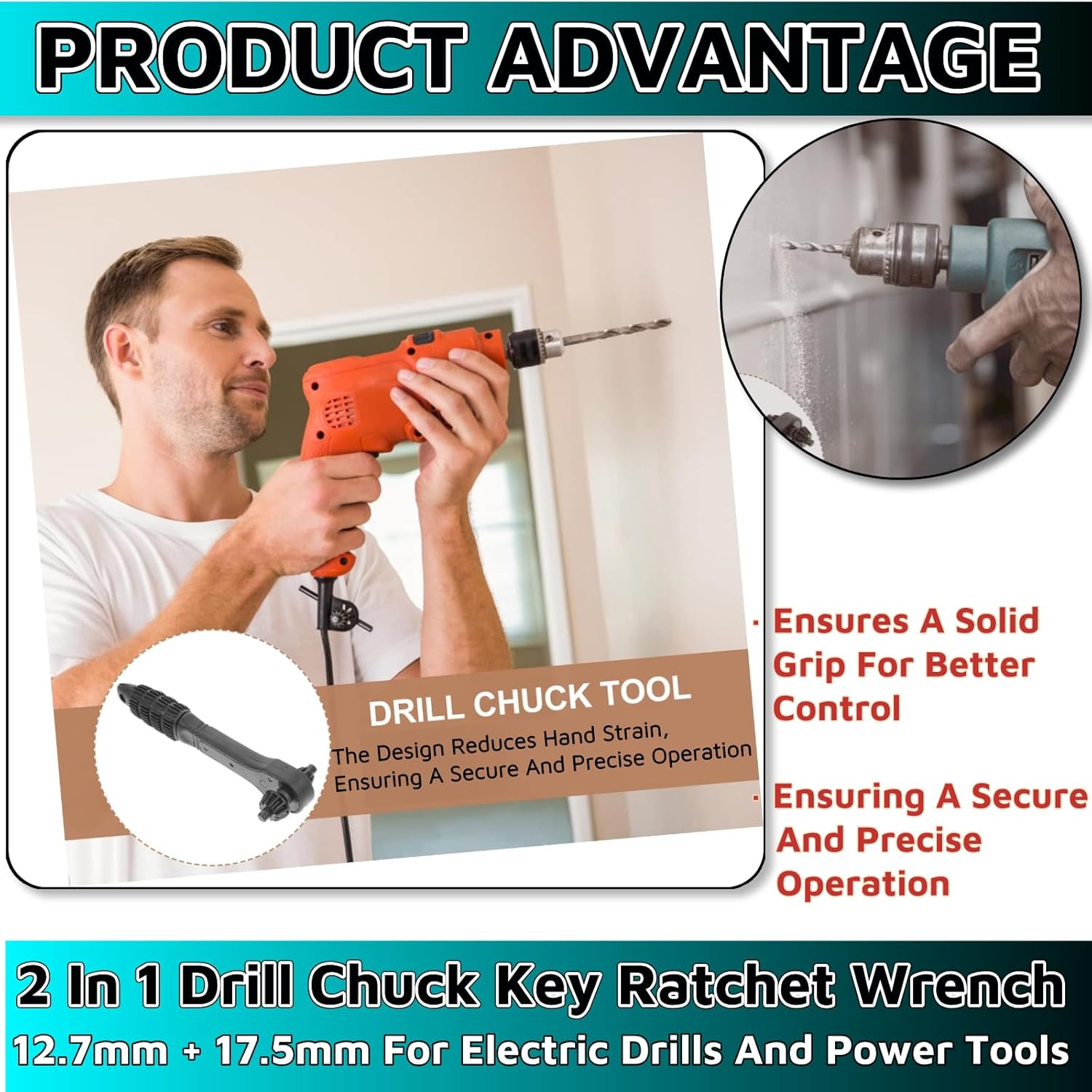 2 In 1 Drill Chuck Key Ratchet Wrench，Drill Chuck Ratchet Spanner Mini Ratchet Drill Chuck Spanner Wrench Drill Chuck Key Wrench Drill Key Chuck For Electric Drills And Power Tools 12.7mm + 17.5mm