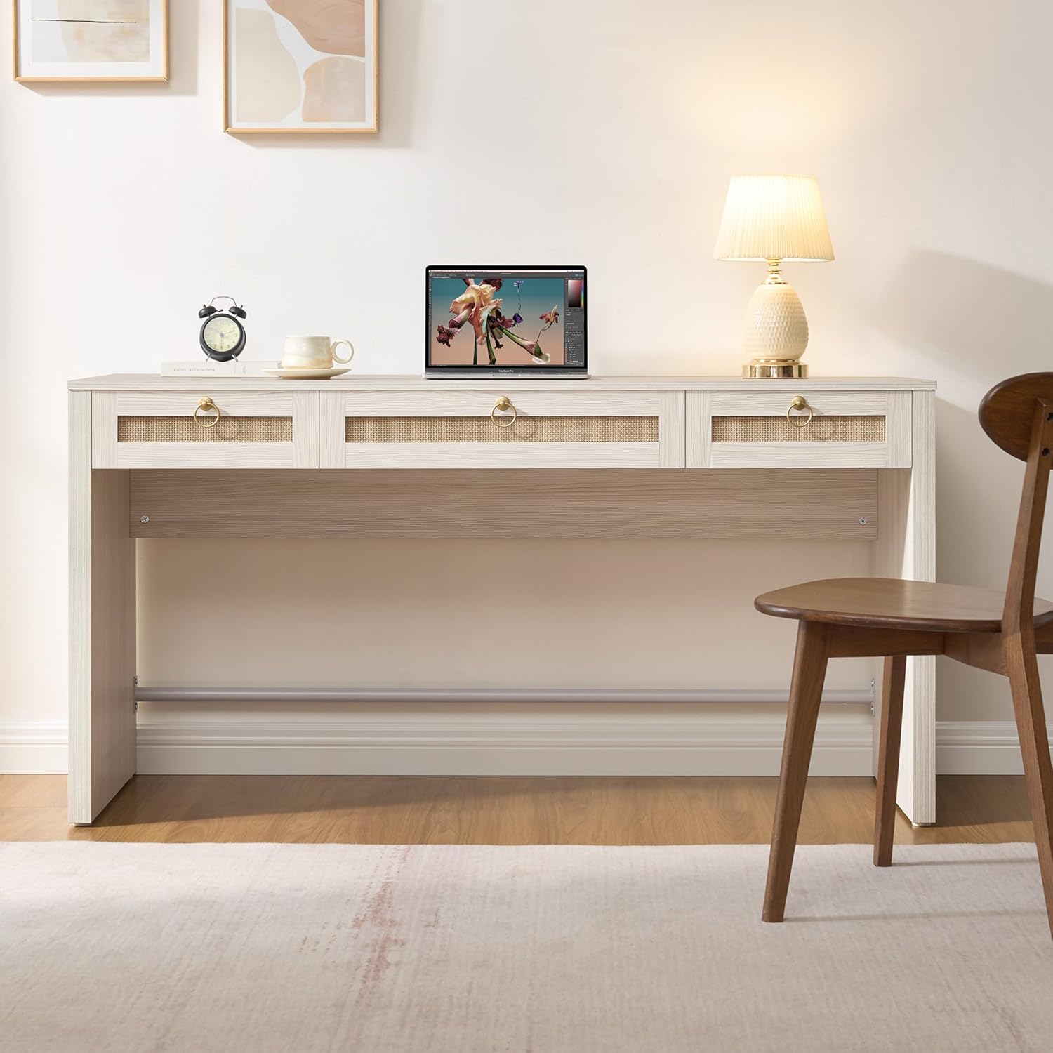 SICOTAS 60" Rattan Home Office Desk with Storage: Boho Executive Desk with 3 Drawers, Large Computer Writing Console Table for Study, Office, Living Room (White, 1 Piece)
