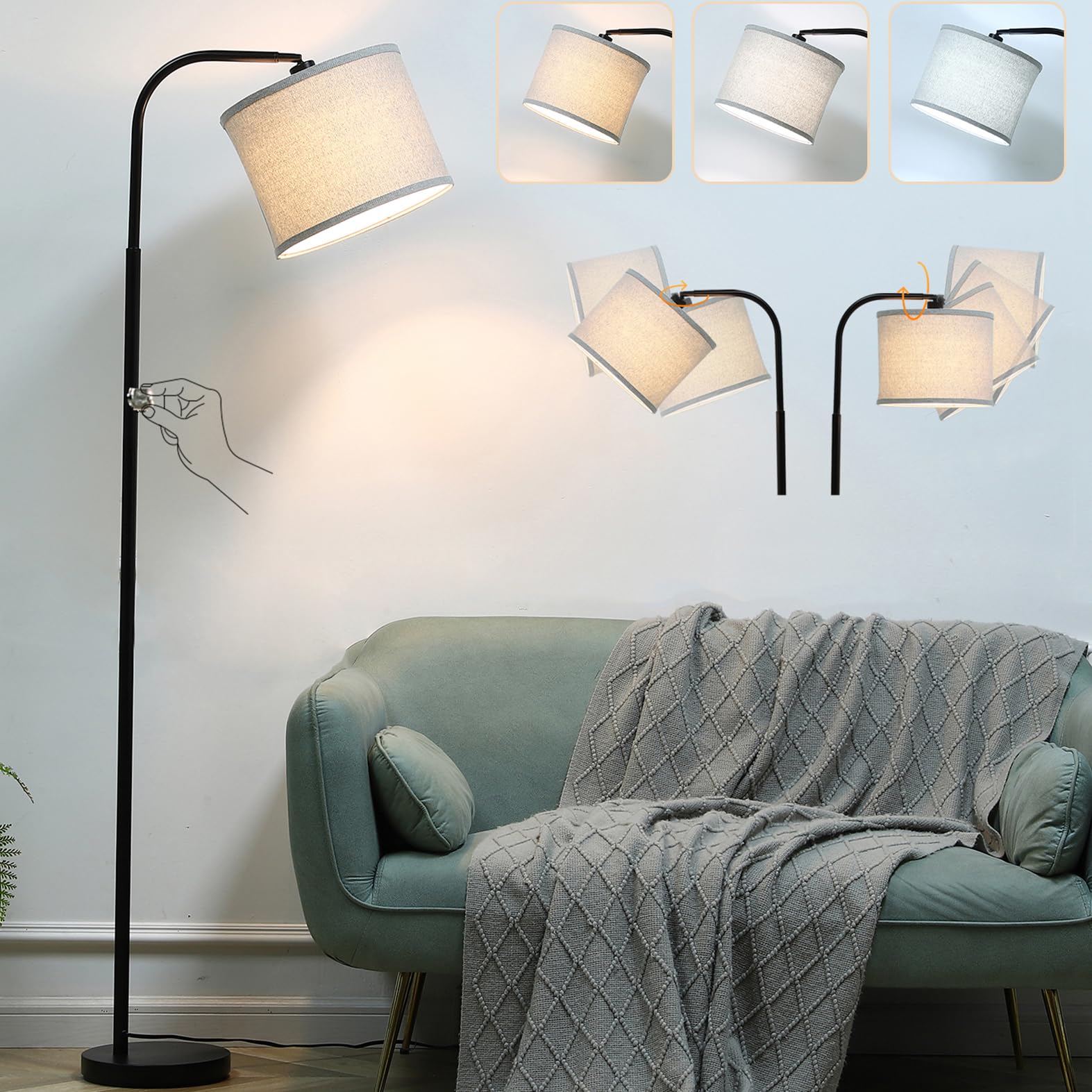 Modern Arc Black Floor Lamp for Living Room,3 Color Temperatures Standing Lamp,69 Inch Tall Kids Corner Floor Lamps for Bedroom with Knob Switch,Adjustable Head Lights