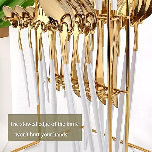 Miniatura 3 de Juego de cubiertos de 24 piezas de oro blanco con soporte, juego de vajilla ligera de acero inoxidable con asas blancas para el hogar, cocina, boda,
