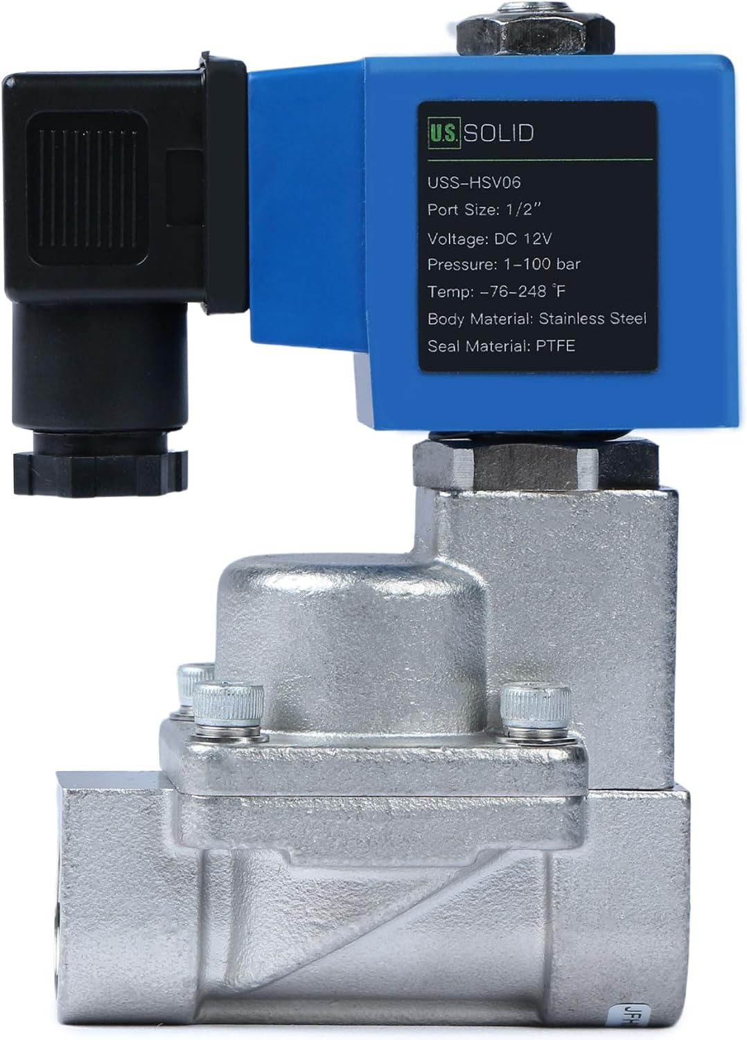 U.S. Solid 1/2" High Pressure Solenoid Valve, 12V DC, Stainless Steel, 100 bar, -76°F to 248°F – Heat-Resistant, High-Pressure Valve for Industrial Use, Water, Gas, Oil and Fluid Control
