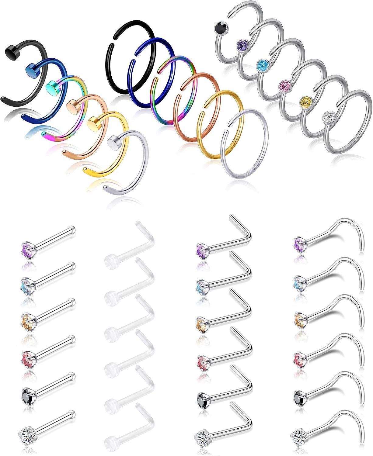 Tornito 20G 42Pcs Stainless Steel Nose Rings Nose Studs Set L-Shaped Bone Curved Nose Stud Piercing Helix Cartilage Tragus Hoop Rings Body Piercing Jewelry for Men and Women 8mm
