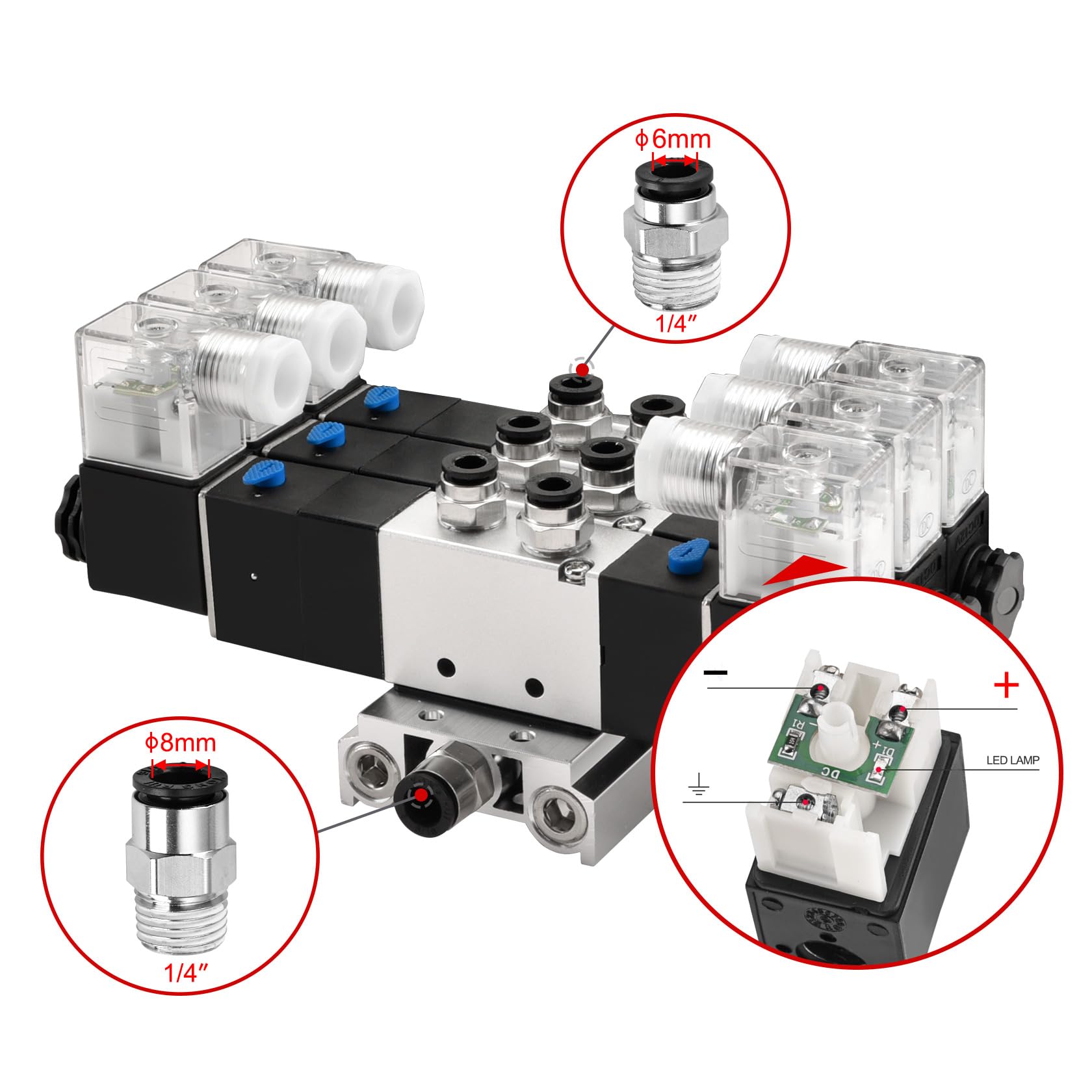 Heschen Elektrisches Pneumatisches Dreifach-Magnetventil, 4V230C-08, 12VDC, PT1/4, 5-Wege-3 Positionen, Krümmerbasis, Schalldämpfer, Schnellbefestigungsset, CE
