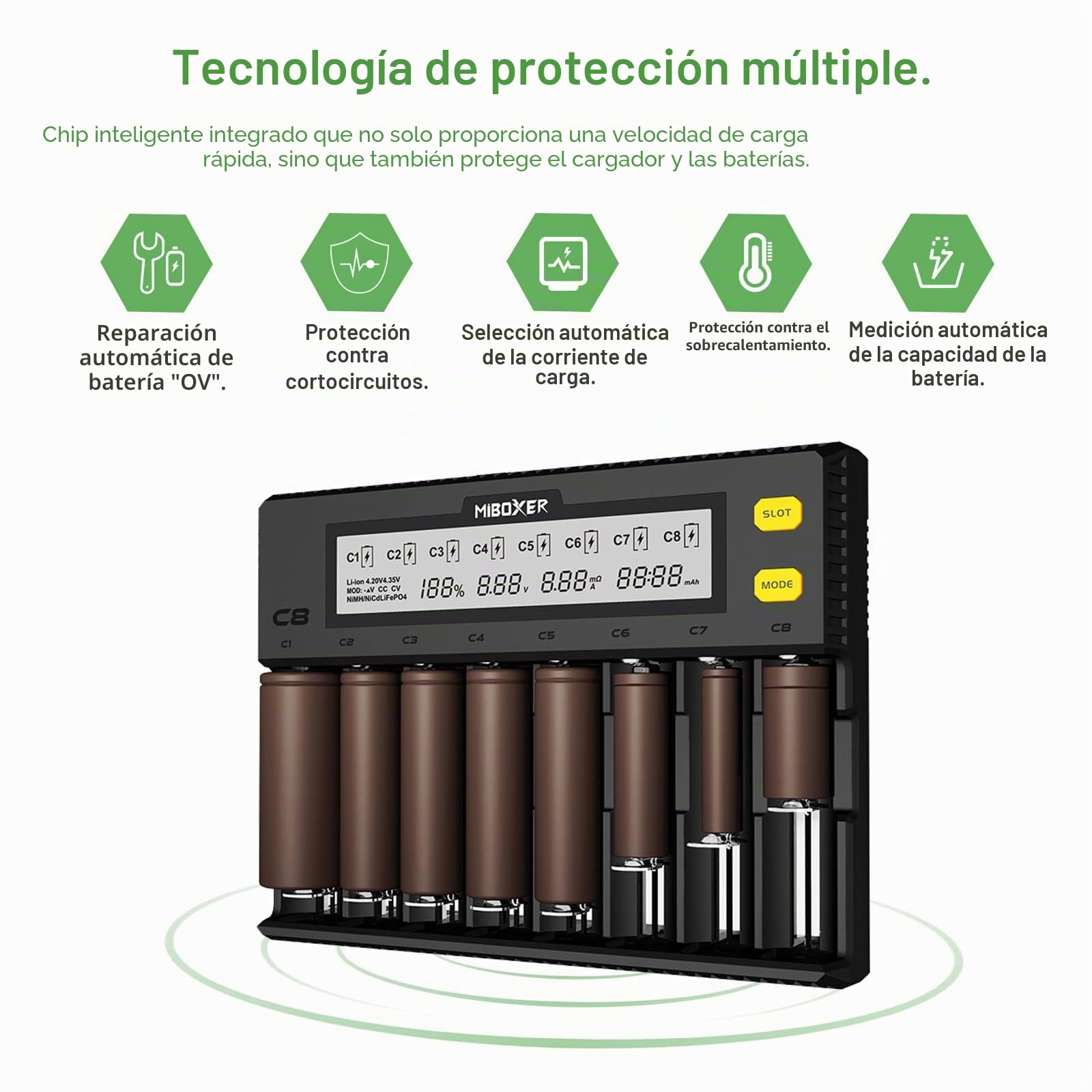 18650 - Cargador de batería universal con pantalla LCD para baterías NI-MH, NI-Cd, AA, AAA, 14500, 18350, 21700, 26650, Li-Ion LiFePO4, RCR123A (8 ranuras)