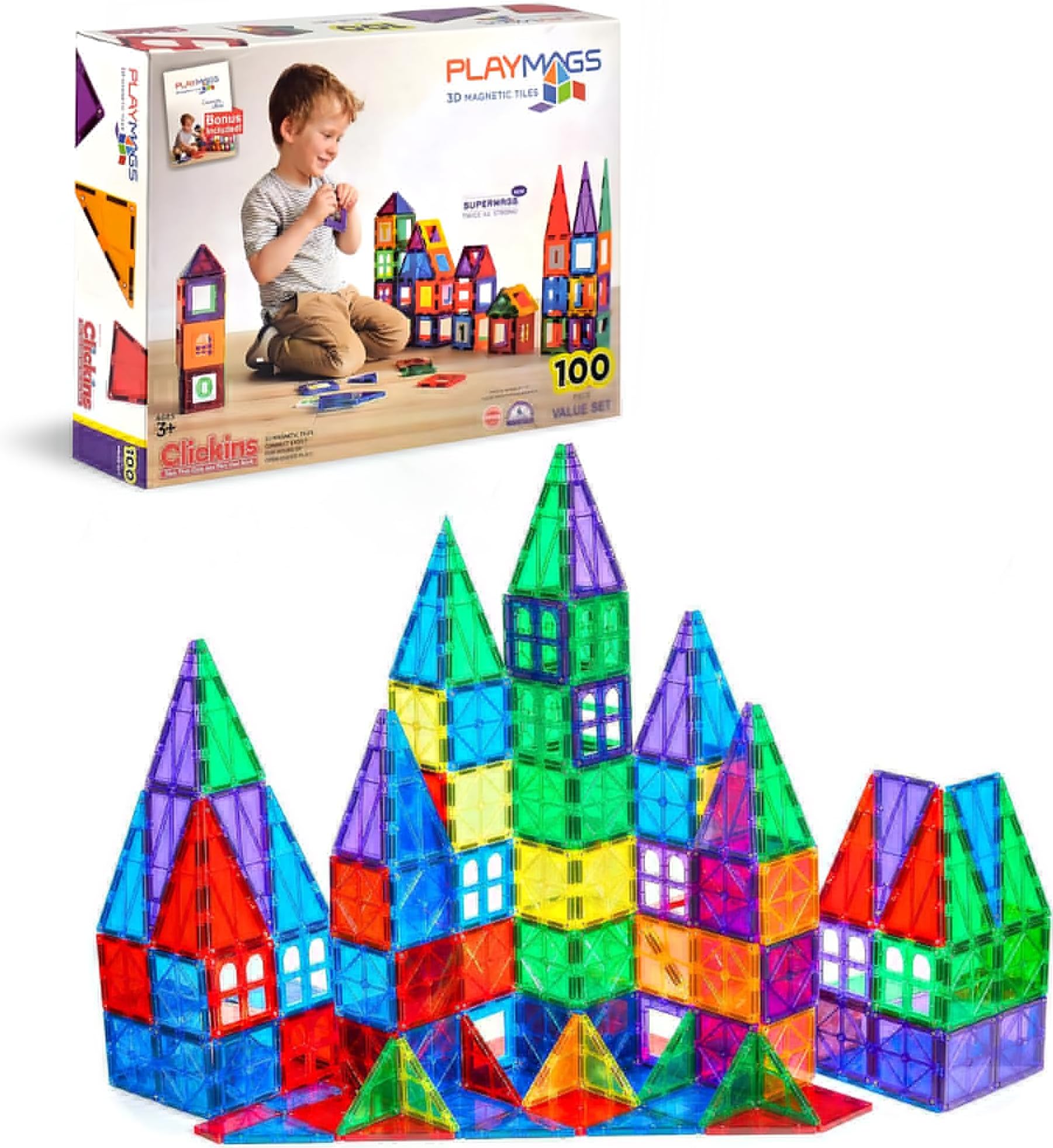 Playmags 100 3D Magnetic Blocks Set - Learn Shapes, Colors, & Alphabets - STEM Stronger Magnets Toys - Magnetic Building Blocks & Tiles For Kids & Idea Book