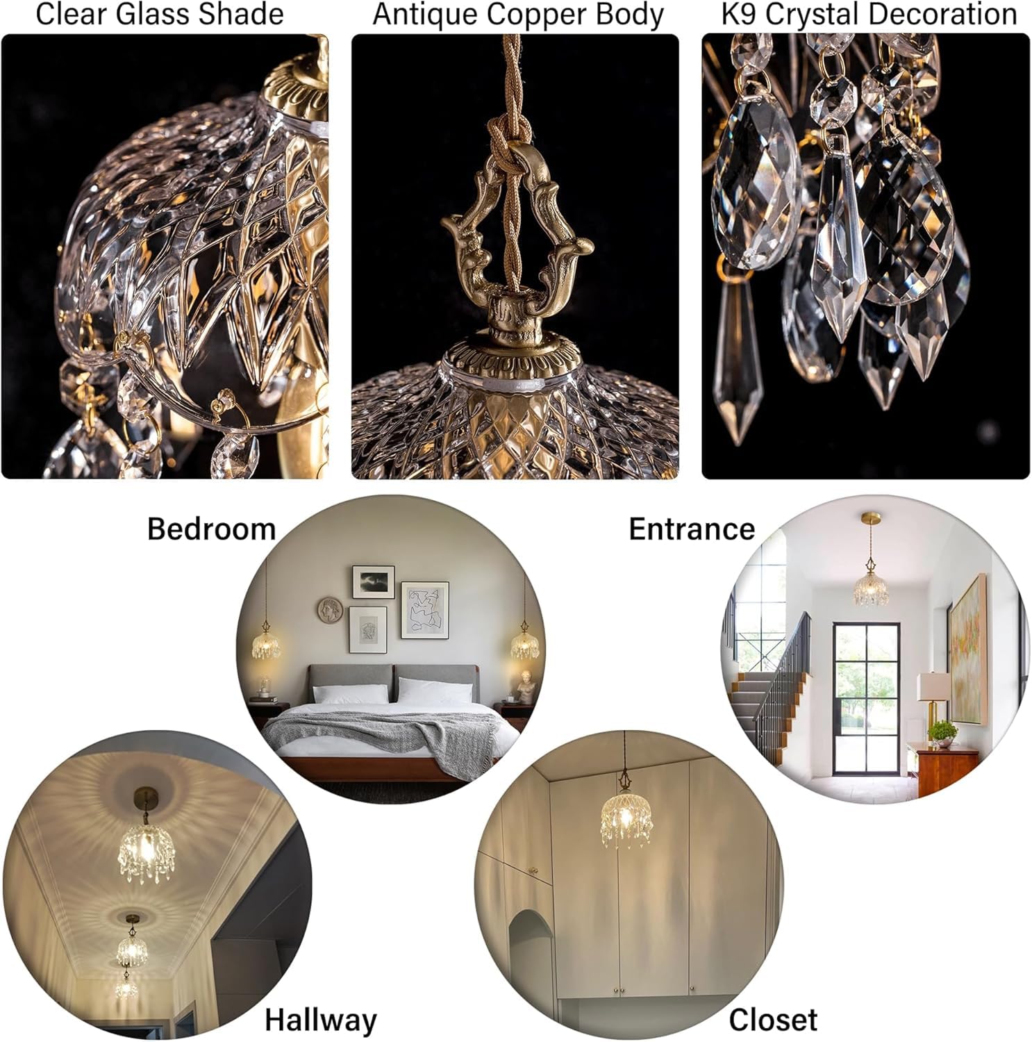 Duży kryształowy żyrandol w stylu vintage - wykończenie antycznej miedzi, przezroczysty szklany klosz, mini lampa wisząca idealna do salonu, jadalni, przedpokoju, sypialni