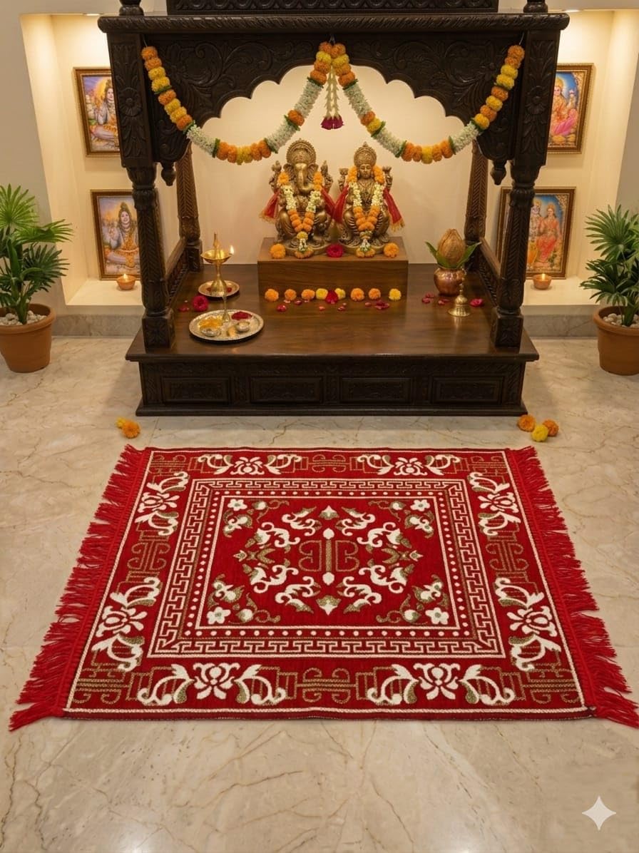 Prayer Mat/Aasan/Puja Mat/Meditation Mat/Multipurpose Velvet Rug Mats [Size: 2ft X 2ft], Red-image-24