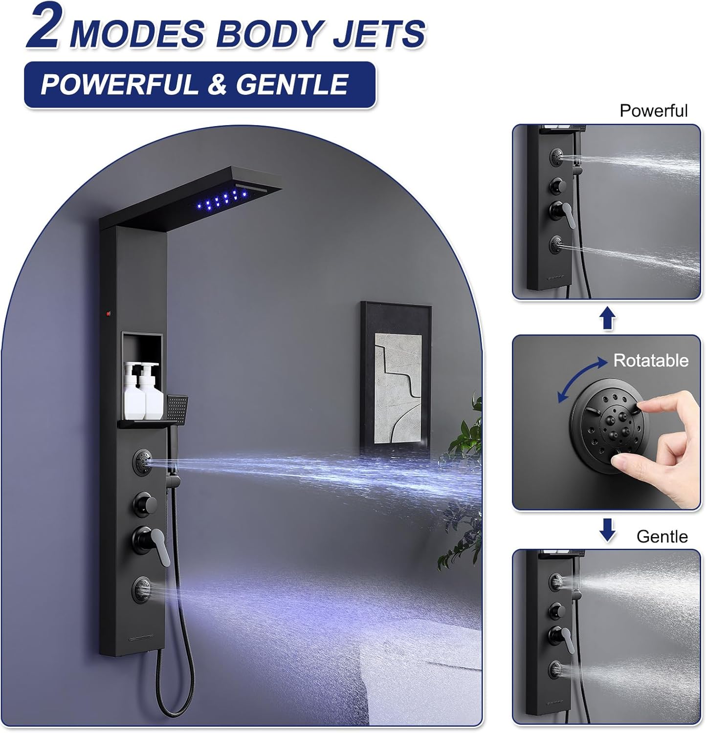 ROVATE Matte Black LED Rainfall Waterfall Shower Panel Tower System with Shelf - Powerful Stainless Steel Shower Column with Mist and Massage Body Jets, Handheld, Waterfall Tub Spout