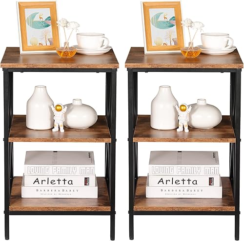 Miniatura 4 de SUPER DEAL Juego de 2 mesas auxiliares de 3 niveles con estantes de almacenamiento mesa de sofá pequeña de madera moderna para sala de estar