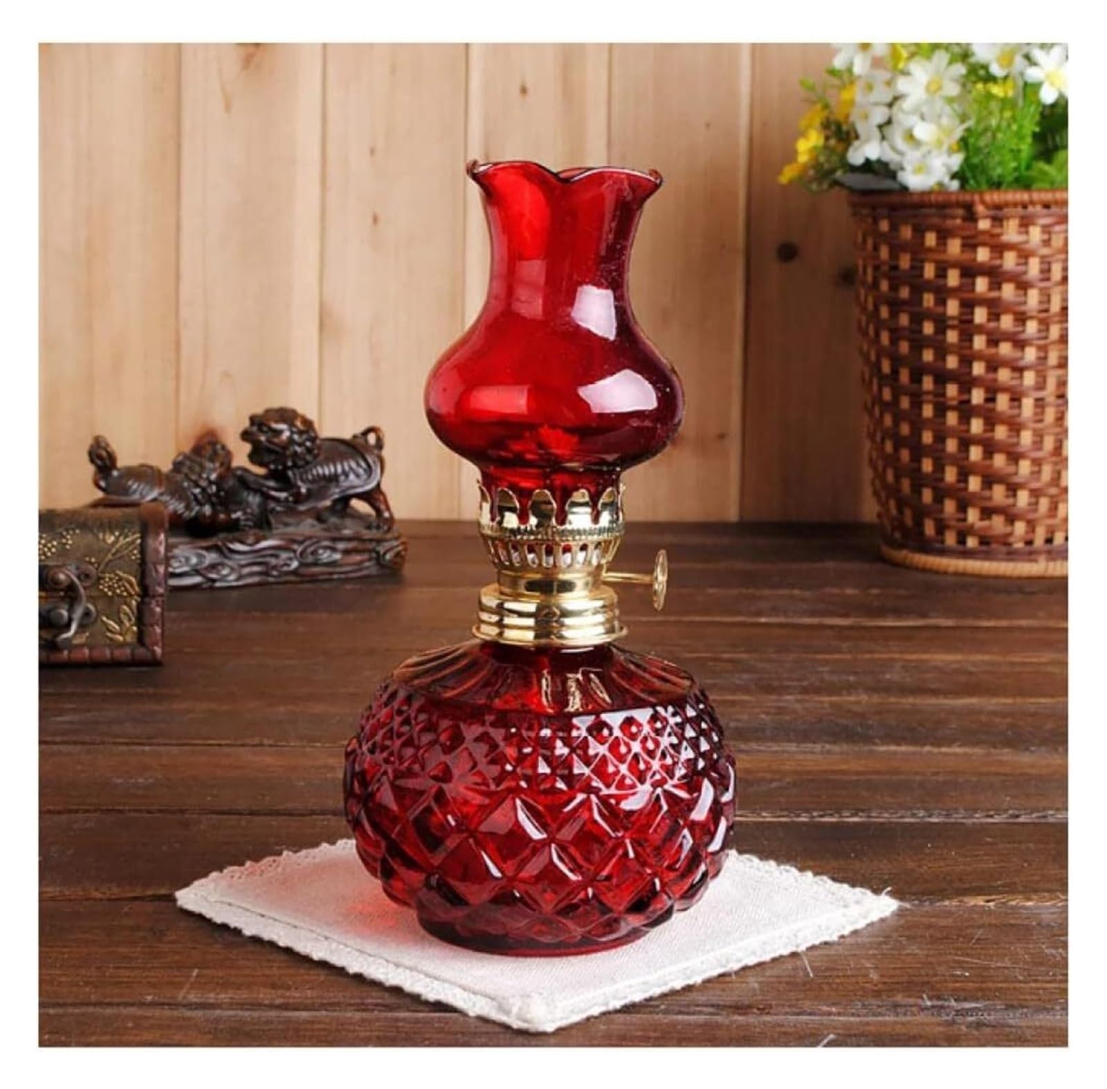 Kerosene lamp, Lantern Decorative Hurricane Lamp Transparent Barn for Indoor Use Home Decor Lighting(Red)