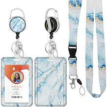 ID Badge Holder with Lanyard,Retractable ID Badge Card Holders Detachable Neck Lanyard Strap with Badge Reel and Vertical ID Holder for Nurse Students Teachers Office StaffMarble Light Blue