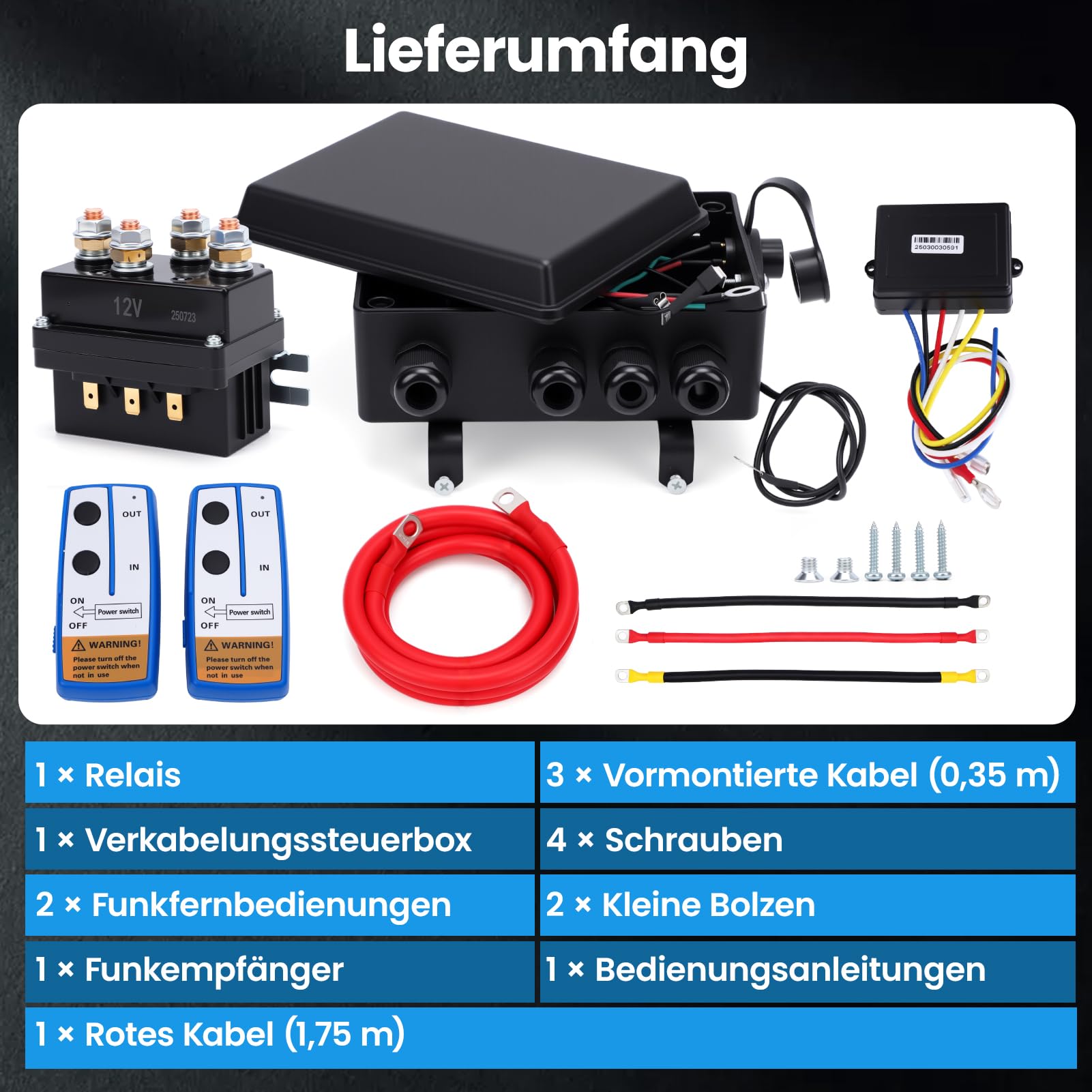 Seilwinden Relais Steuerungssatz 12V 500A mit Steuerbox Funkempfänger 2 Funkfernbedienungen Kabelsatz Wasserdicht IP67 für 8000-17000lbs Elektro Winde Offroad Geländewagen LKW Boot ATV UTV