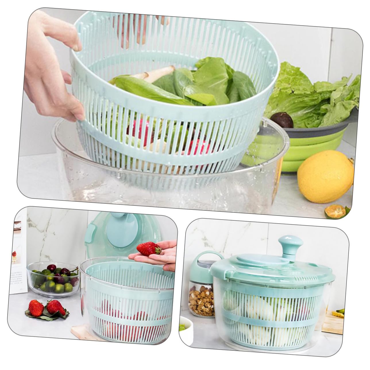 Küchen Abtropfkorb Gemüsefilterkorb aus Robustem Material mit Handkurbel Grün Abnehmbar für Obst und Gemüse Abtropfen und Aufbewahrung