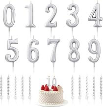 20 Pieces Birthday Candles, Numeral Birthday Candles, Long Birthday Candles, Number 0-9 Glitter Cake Topper Decoration, Numeral Cake Candles, Candles for Parties and Birthdays (Silver)