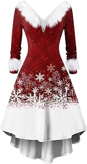 ZEFOTIM Christmas Cocktail Dress Long Sleeve Christmas Cocktail Dresses for Women Classy Faux Fur V Neck Xmas Print Dresses