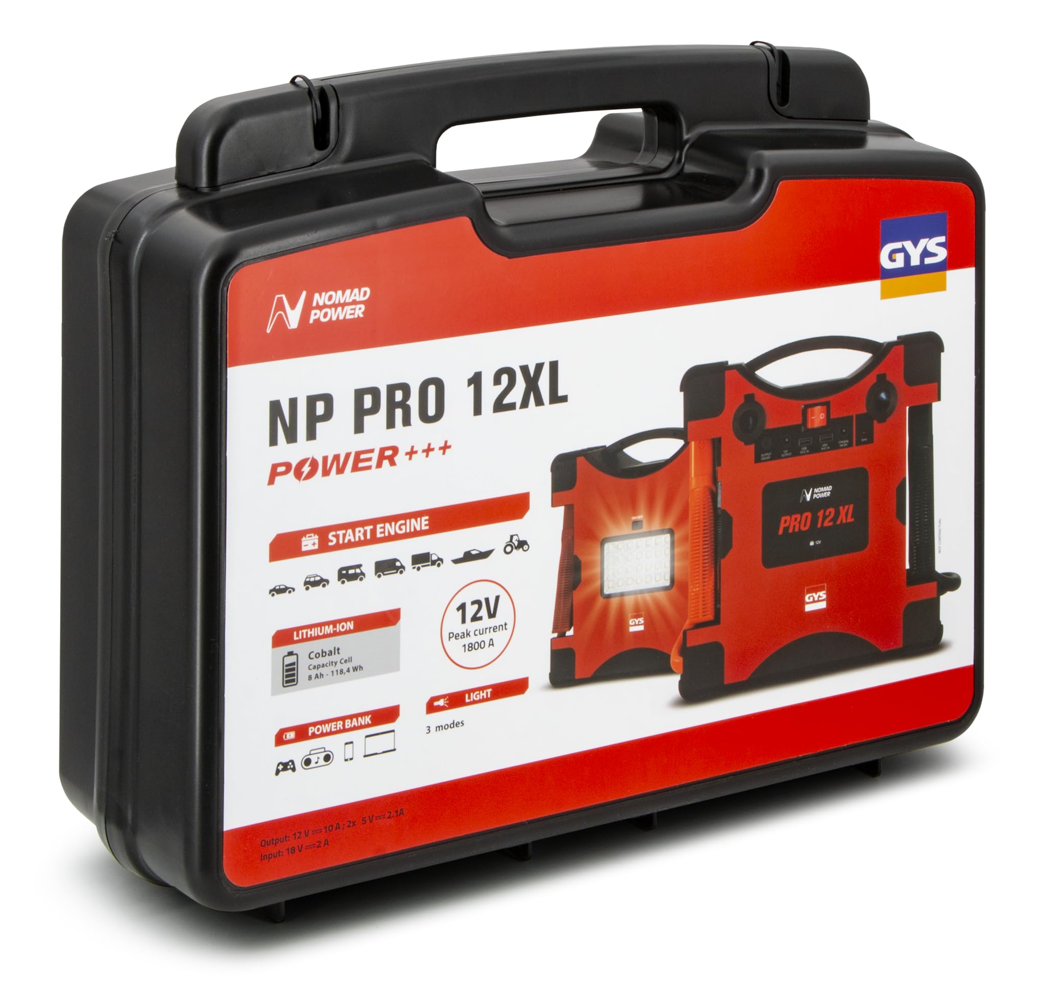 GYS, Nomad Power Pro 12 XL, Démarreur/Booster Batterie Lithium Portable 3000A, Véhicules 12V (Moto, Voiture, Tracteur), Démarrage Sécurisé, Batterie Externe 8Ah (PowerBank), Lampe LED, Ecran LCD