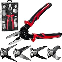 5 in 1 Pliers Set with 5 Interchangeable Tool Heads - Wire Stripper, Crimping Plier, Cable Cutter, Electrician Scissors, Linesman Plier - Ergonomic 8 Inch Handle with Storage Case