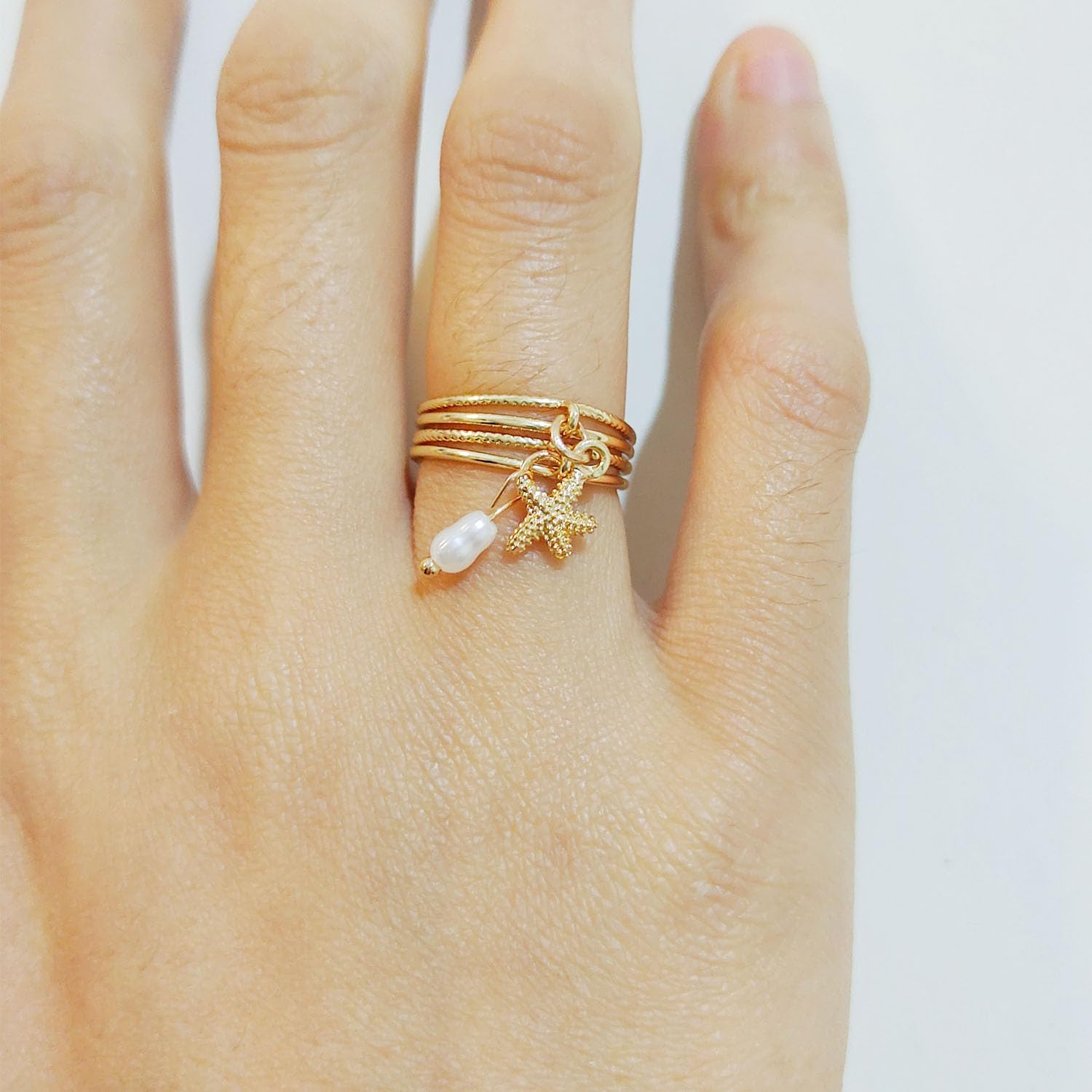 Gold Seashell Ring for Women Gold Starfish Ring Boho Shell Pearl Ring Adjustable Open Beach Ring Chunky Stackable Ring for Women Summer Jewelry - Image 7