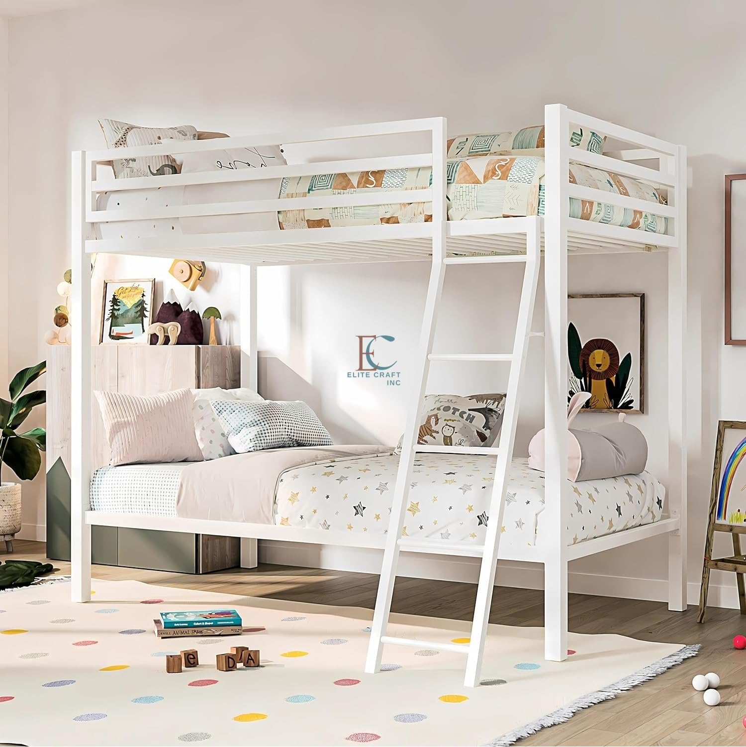 ELITE CRAFT INC Fangzin Bunk Bed Twin Over Twin Size With Ladder, Metal Bed Frame With Sturdy Guardrail, Space-Saving Design, No Box Spring Needed, Noise Free, White - Powder Coated