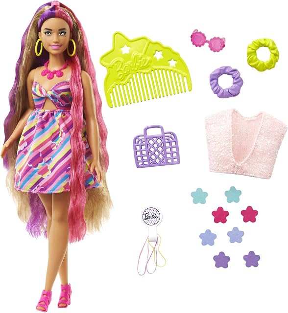 Barbie Lalka Totally Hair Kwiaty Lalka o krągłych kształtach, z motywem kwiatów, długimi włosami (21,5 cm), 15 akcesoriami do włosów i stylizacji (8 ze zmianą koloru), dla dzieci od 3 lat, HCM89