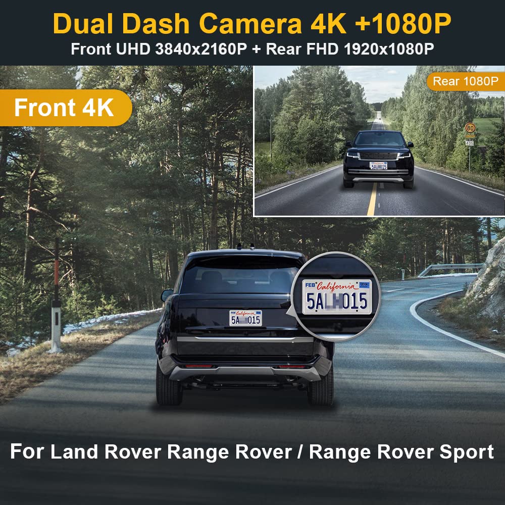 Fitcamx Front 4K+Rear 1080P Dash Cam Adapts for Land Rover Range Rover & Sport 2018 2019 2020 2021 2022 (Model 6111/L405/L494), OEM Look, Dual Loop Recording, WiFi & APP, G-Sensor, Easy to Use, 128GB