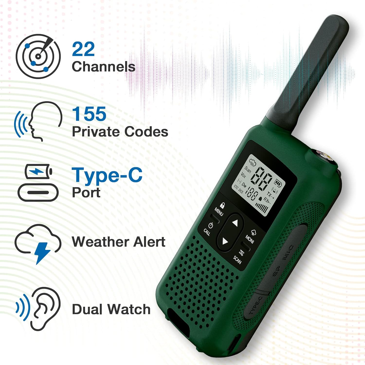 Diagram highlighting key features of the BAOFENG BF-33C walkie talkie: 22 Channels, 155 Private Codes, Type-C Port, Weather Alert, Dual Watch.