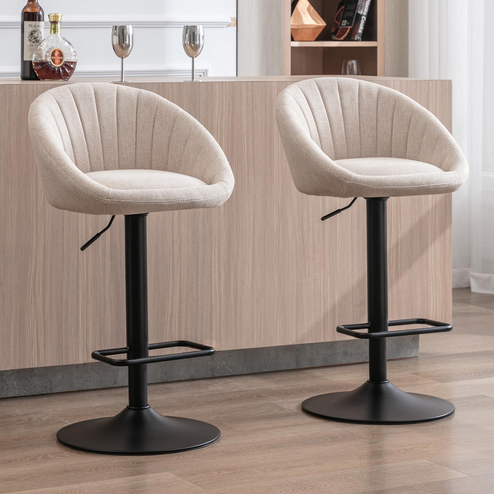 Set of 2 Modern Bar Stools Kitchen High Stools with Backrest, Swivel Bar Chairs Adjustable Counter Height Chairs for Island Kitchen/Restaurant, Beige