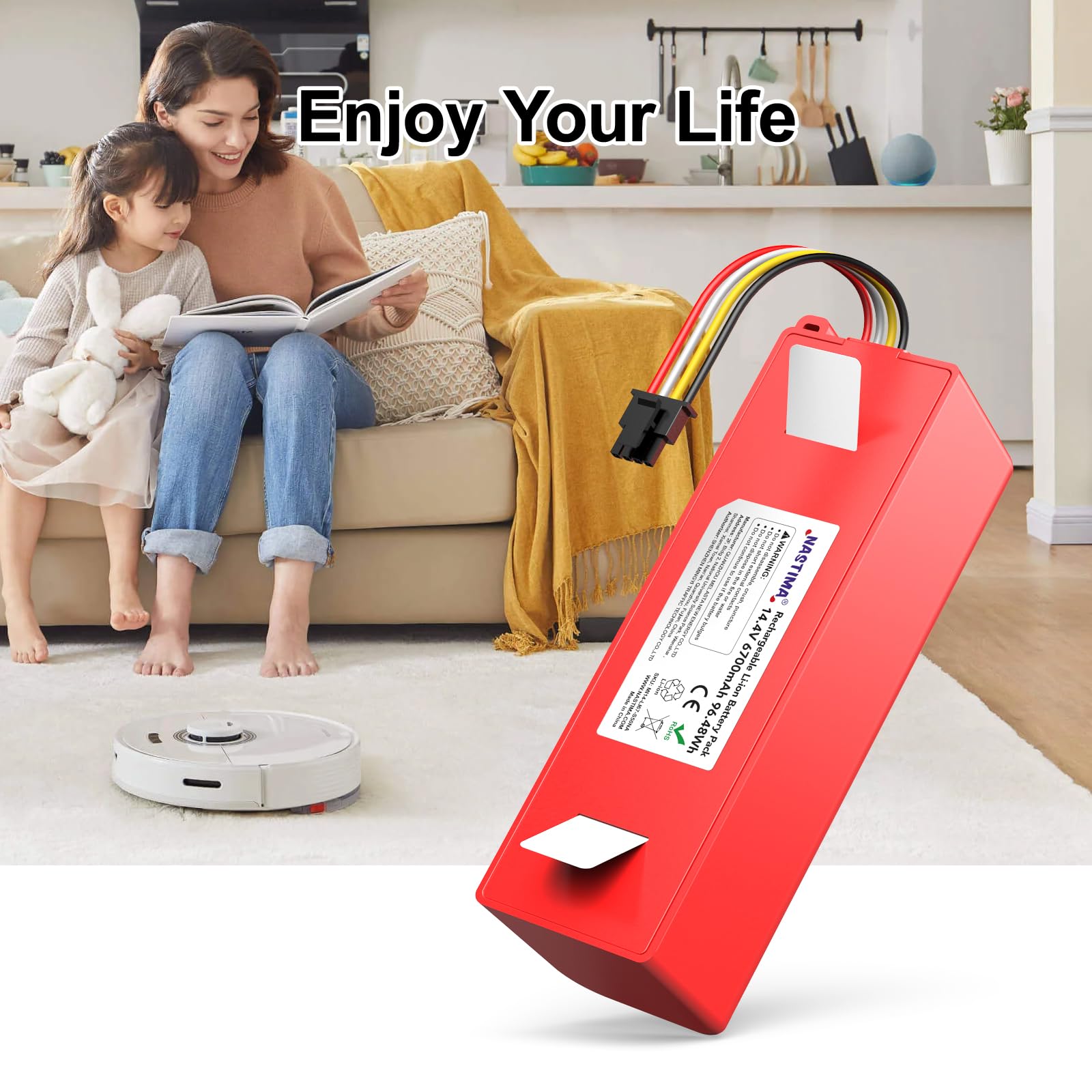 NASTIMA 14,4V 6700mAh 96,48Wh Li-ion Batteria Compatibile con Xiaomi Roborock S50 S51 S52 S53 S55 S502 S5 Max S6; T6 61 65 Serie Completa, Mijia 1 ° e 2 ° Generazione Batteria di Ricambio con BMS
