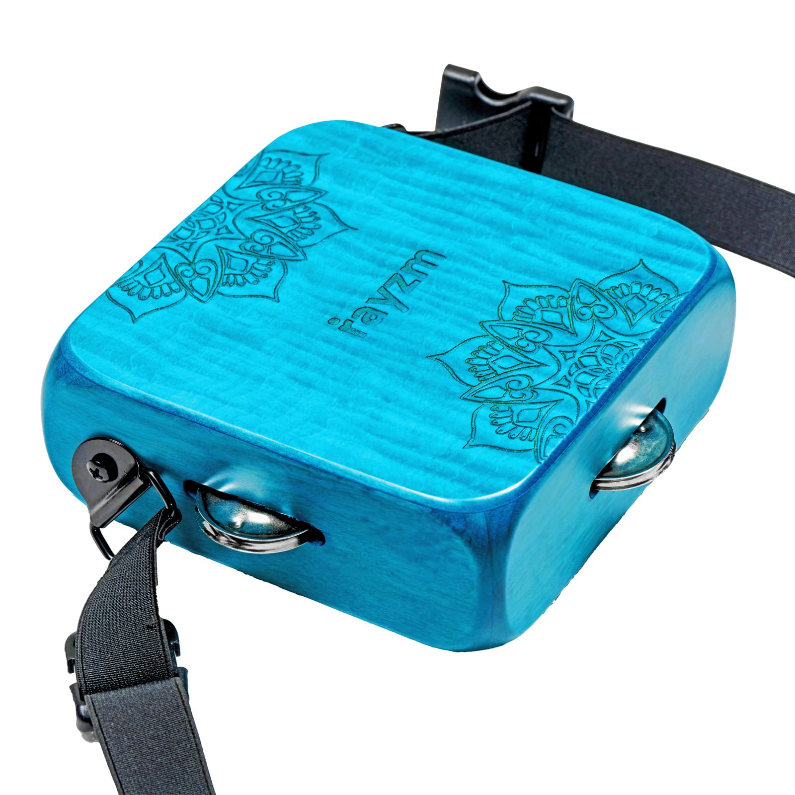 rayzm Mini Cajon con Tamburello, Strumento Ritmico Portatile in Legno d’Acero con 2 Zone Sonore, Sonagli Integrati, Cinghia Regolabile per Vita o Gamba, con Borsa