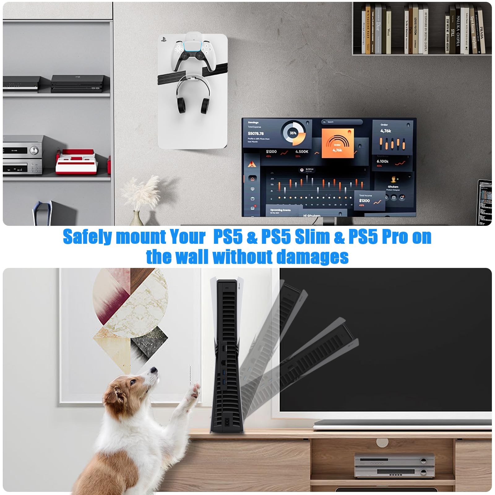 Supporto da parete per PS5 Slim, staffa da parete per PlayStation 5 Slim Staffa per montaggio a parete per PlayStation 5 Slim in acciaio robusto con Supporto per cuffie del controller (Bianco)
