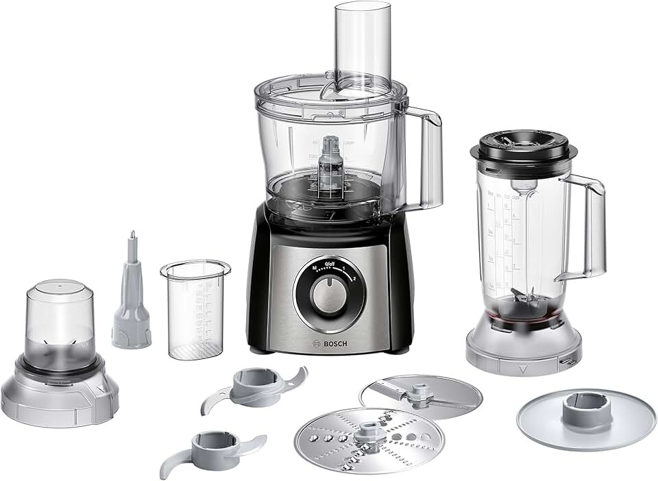 Bosch - Procesador de cocina Multitalent 3, 50 funciones, cuenco para mezclar 2,3 L, batidora de 1,0 L, cuchillo universal, cortar y rallar fino, grueso; batidor (nata), 900 W, color, MCM3PM386