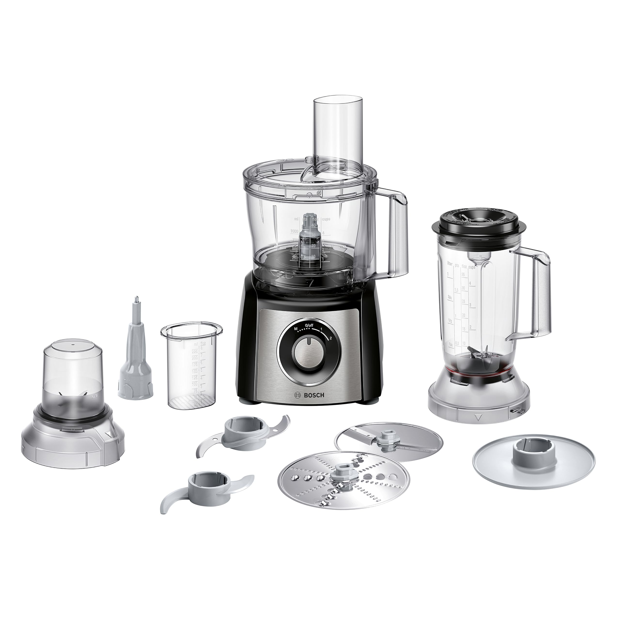 Bosch - Procesador de cocina Multitalent 3, 50 funciones, cuenco para mezclar 2,3 L, batidora de 1,0 L, cuchillo universal, cortar y rallar fino, grueso; batidor (nata), 900 W, color, MCM3PM386