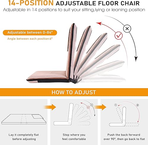 Miniatura 3 de Silla de piso con soporte para el respaldo, silla de piso ajustable de 14 posiciones, asiento portátil para adultos y niños, asiento de meditación