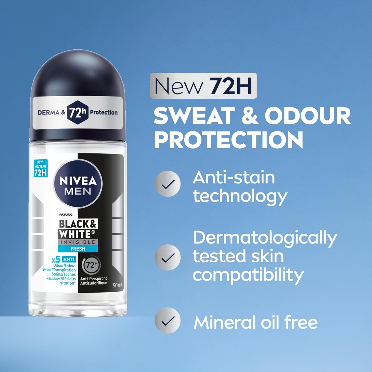 NIVEA MEN Black & White Invisible Roll-On Antiperspirant Deodorant with 72-Hr Odour, Sweat and Stain Protection, Fresh Scented Men's Deodorant, Non-Sticky, Ethyl Alcohol Free, 50mL - Image 2