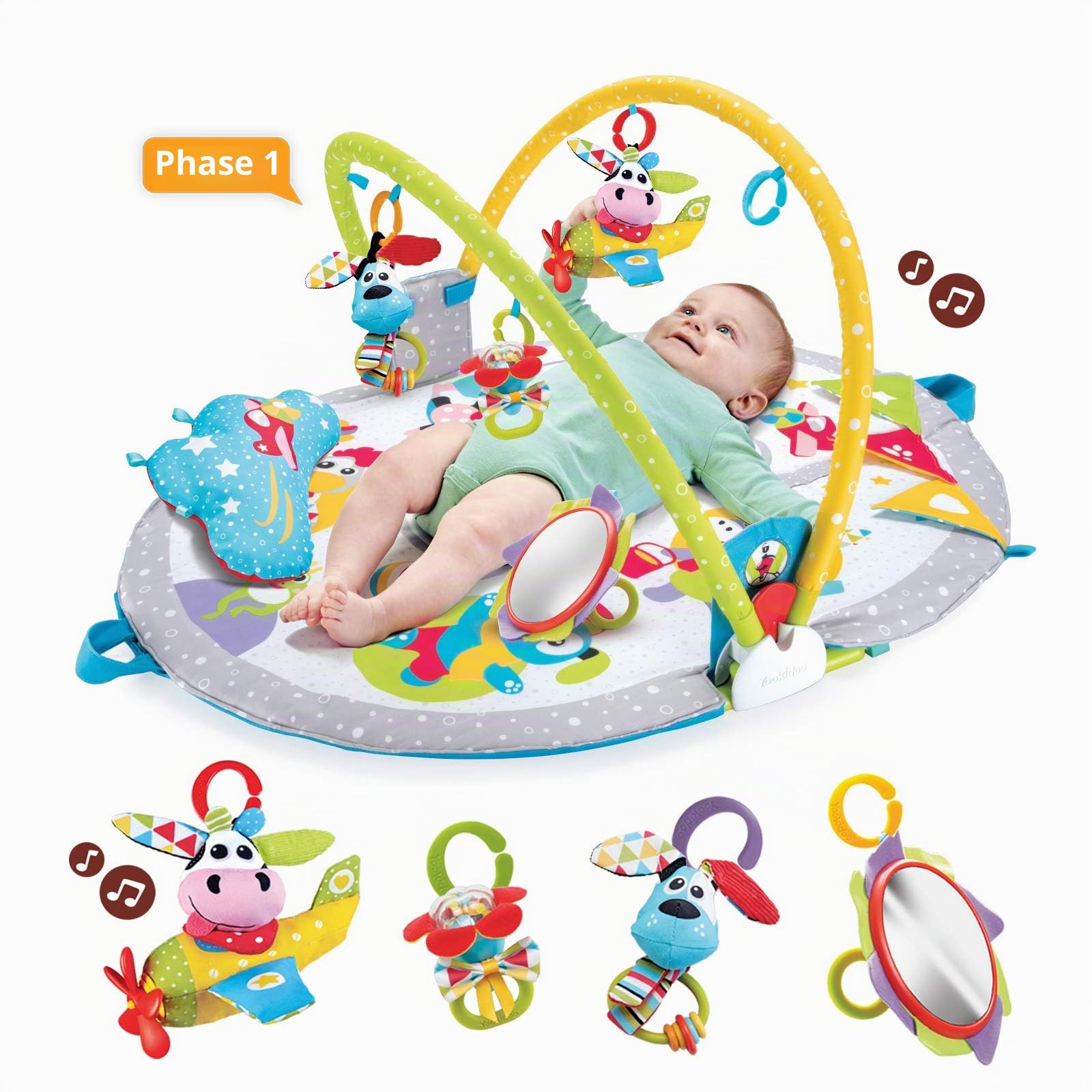 Yookidoo Baby Gym Liegen-bis-Sitzen Spielmatte – 3-in-1 Activity Center für Neugeborene mit Bauchlage-Spielzeug, Kissen & Babyspiegel – 0–12 Monate