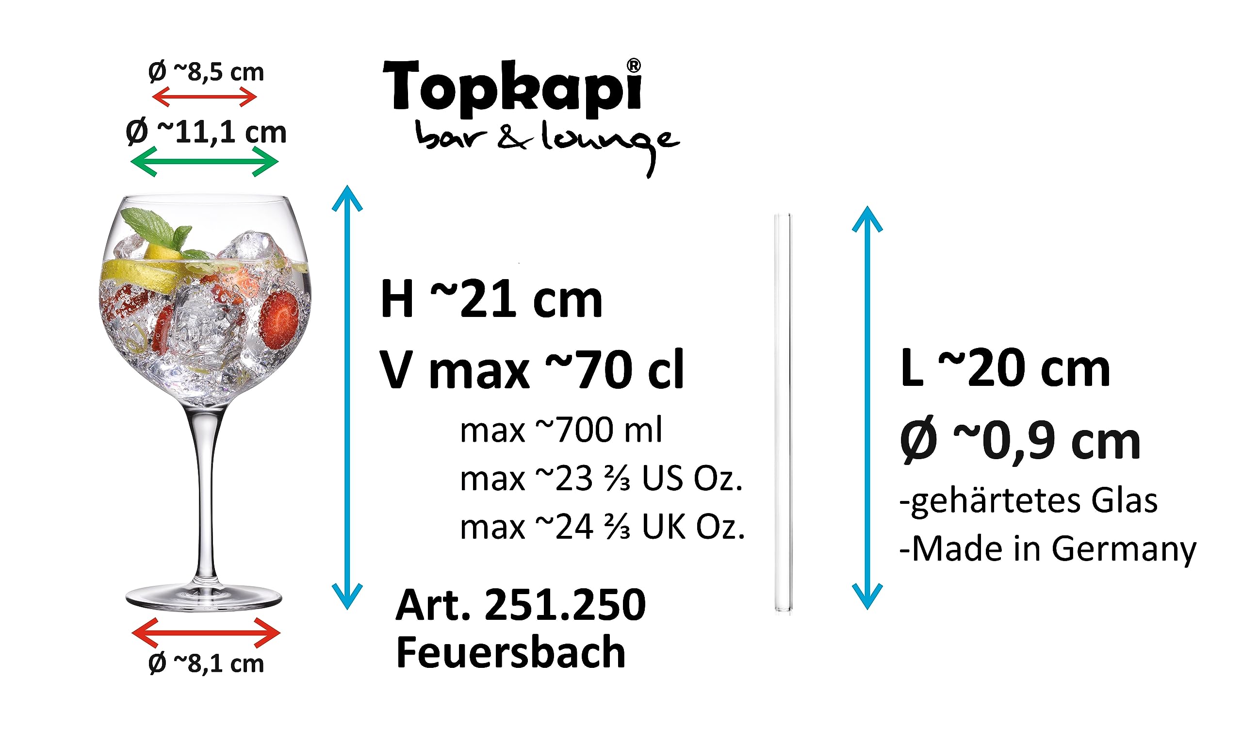 Topkapi Verre Aperol Spritz XL - Lot de 6 verres cristal sans plomb, 700 ml, avec lot de 7 pailles en verre, qualité professionnelle pour bar, salon, terrasse, jardin, restauration et restauration