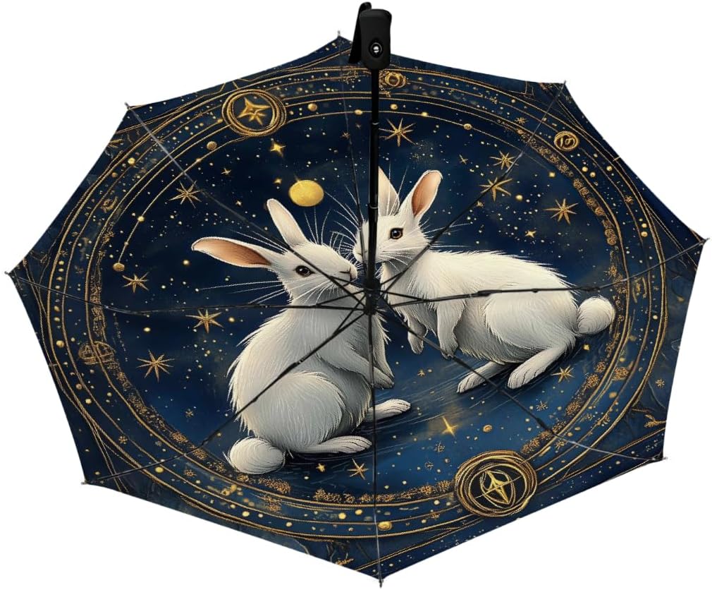 Ethnic Space Rabbits Folding Umbrella Windproof Compact Lightweight Travel Umbrella with 8 Reinforced Ribs, Portable UV Sun & Rain Protection for Men & Women