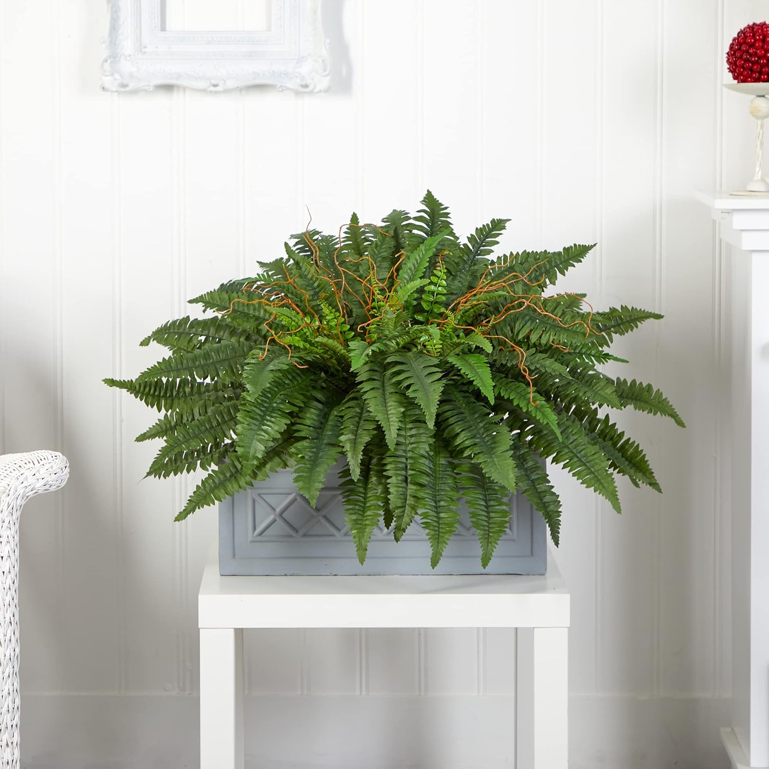 Nearly Natural Boston Fern Artificial Plant in Stone Planter