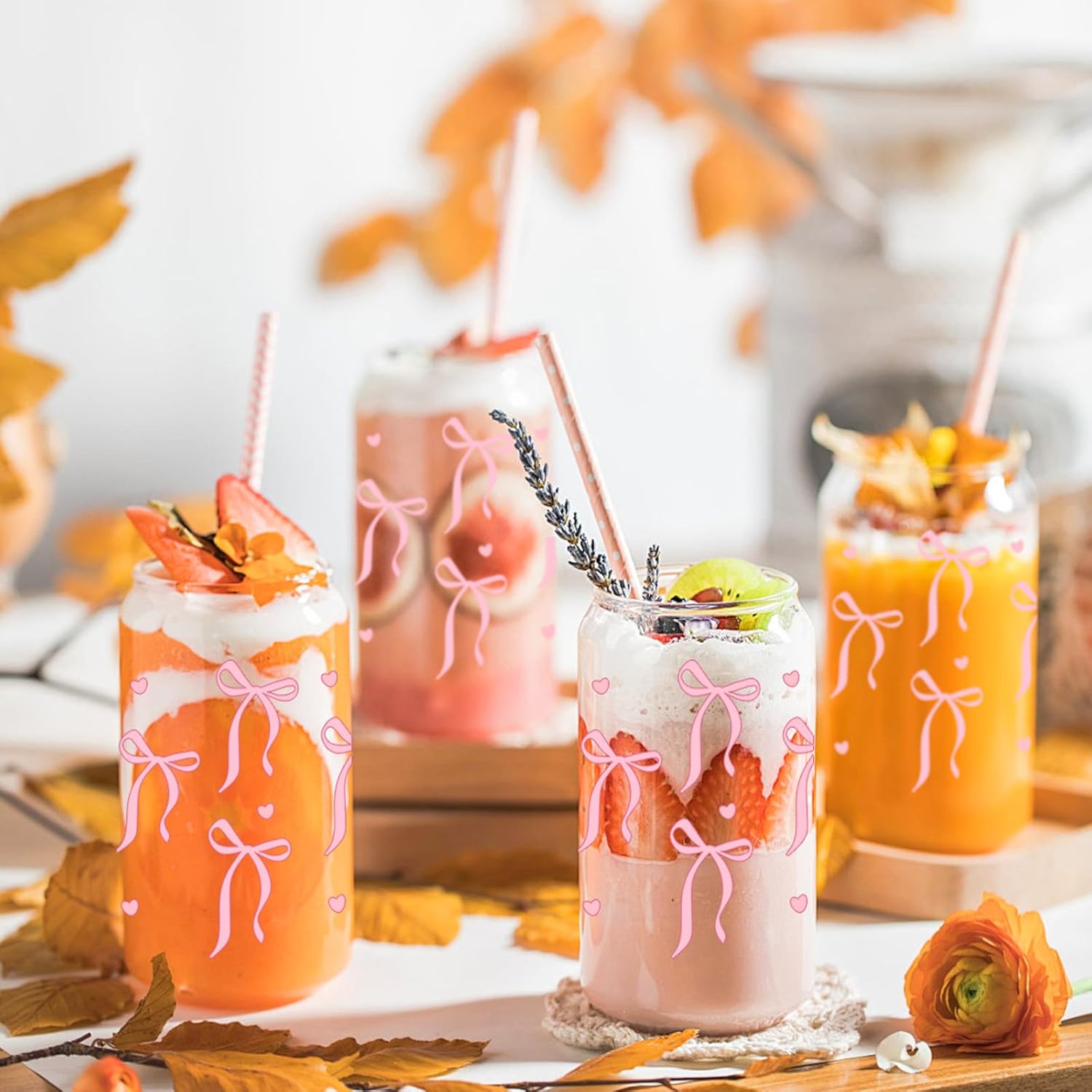 Mason Life Coquette Pink Bow Cute Glass Cups with Lids 2Pack 18OZ Cute Tumbler Glass Cup with Keychains and Straw Covers for Valentines Day Gift Iced Coffee Smoothie Cocktail Matcha Milk Mother's Gift - Image 5