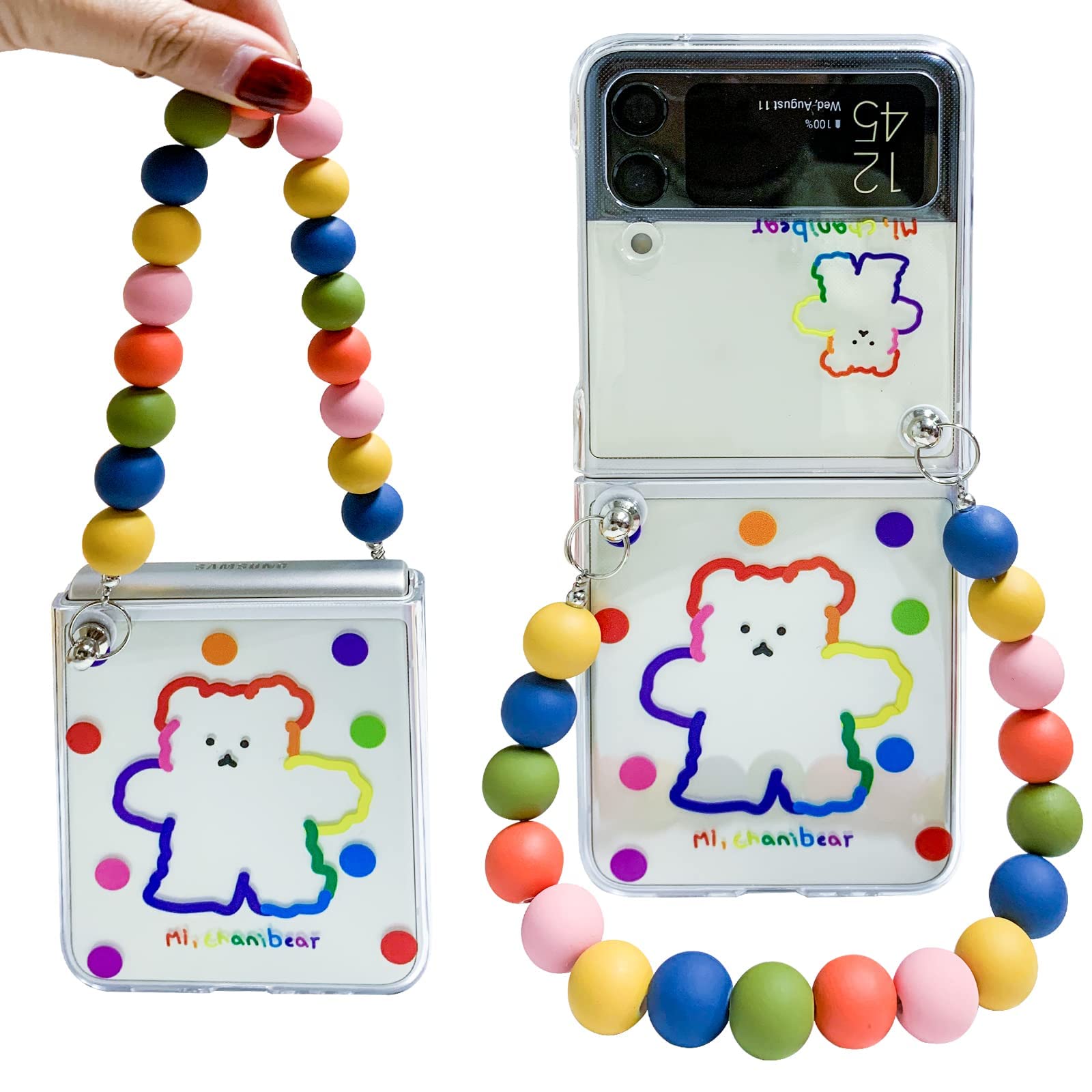 Case for Samsung Galaxy Z Flip 3 5G Case, Cute Colorful Bear Clear Phone Case with Strap Wrist, Slim Stylish Protective Bumper Case, Hard PC Anti-Scratch Phone Fashion Cover Women Girls