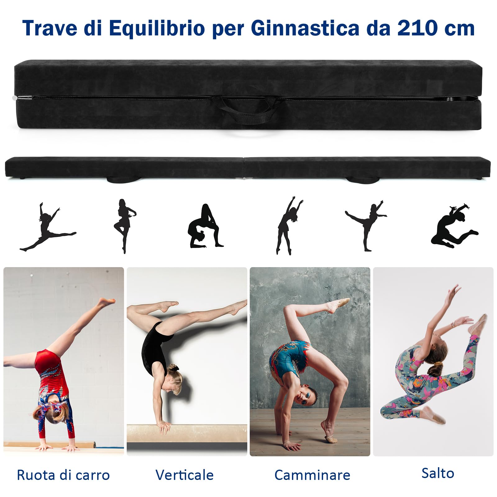 GYMAX Trave da Ginnastica Artistica 210 cm Pieghevole, Trave da Equilibrio Portatile in Legno con Manico, Cuscinetti Antiscivolo, Ideale per Esercizi a Casa o in Palestra, 210 x 10 x 6,5 cm