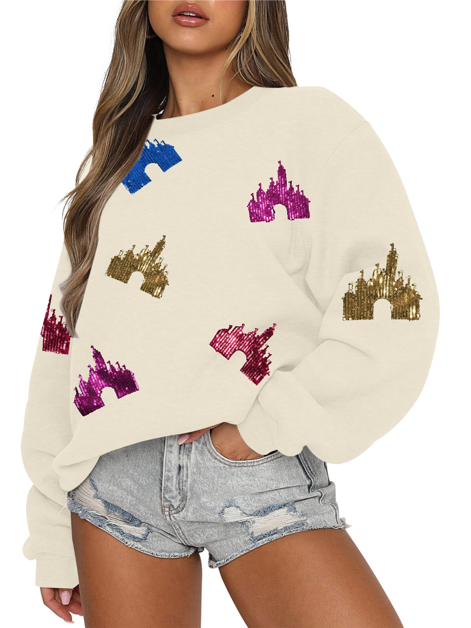 Oversized Sequins Bow Sweatshirt - Women Magic Kingdom Sweater Pastel Graphic Coquette Tee Holiday Pullover
